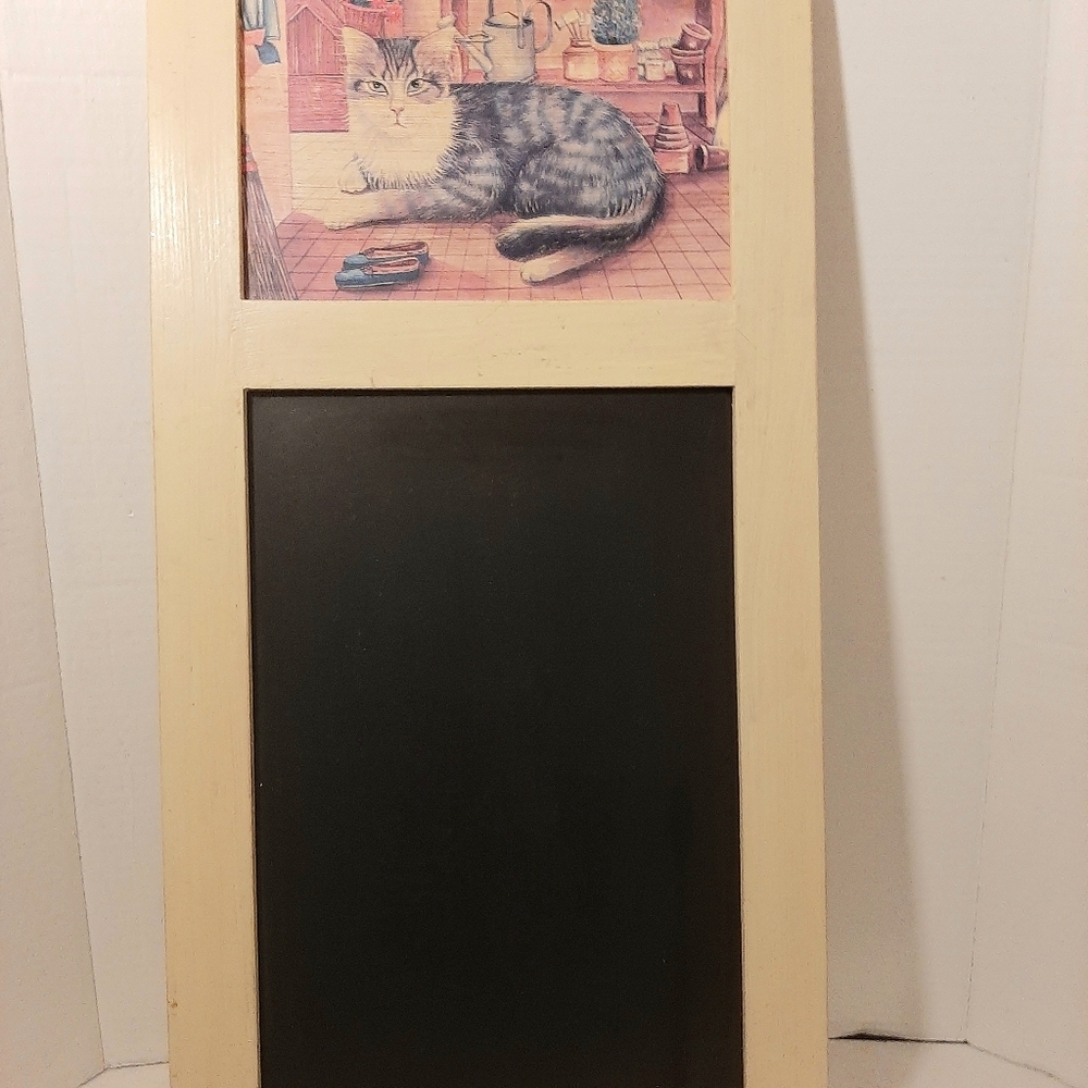 Folk Art Cat-Themed Chalkboard with Pale Yellow Wood frame.